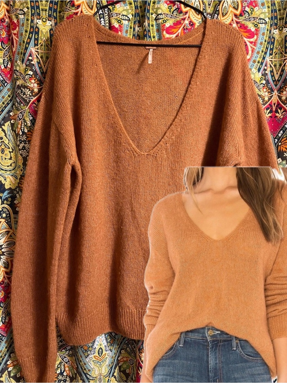 Free People Alpaca Wool Gossamer Pullover V-neck Sweater Terracotta Tan Size M